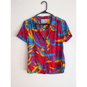 Vintage 1970s Sunshine Hawaii by Sherry Holt Palm Print Colorful Shirt Small